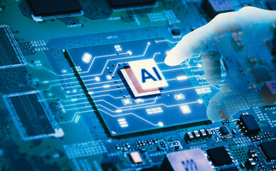 Artificial intelligence AI and machine learning concept. A futuristic hand touching computer...