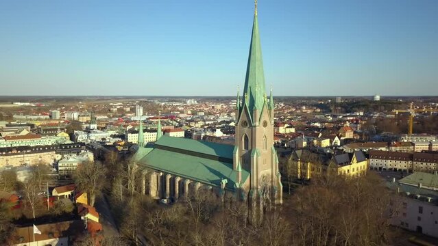 Aerial view of old historical Linkoping city in Sweden. European architecture in Scandinavian town