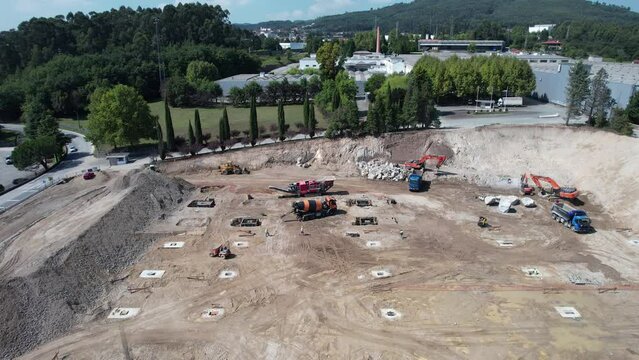 Trucks are Working at the Construction Site Aerial View