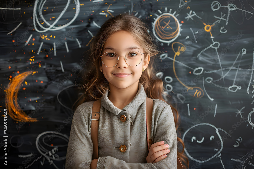 Sticker little girl standing over blackboard background