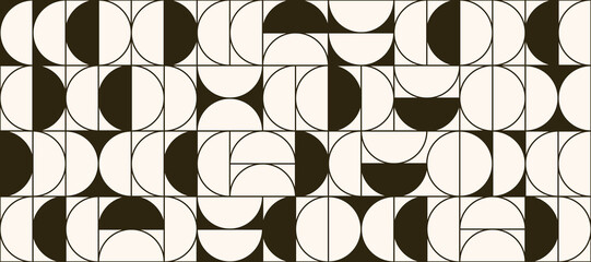 Monochrome semicircle seamless pattern. Abstract geometric half circle and square repeating background. Swiss modernism or postmodernism style wallpaper. Vector beige and brown modular backdrop