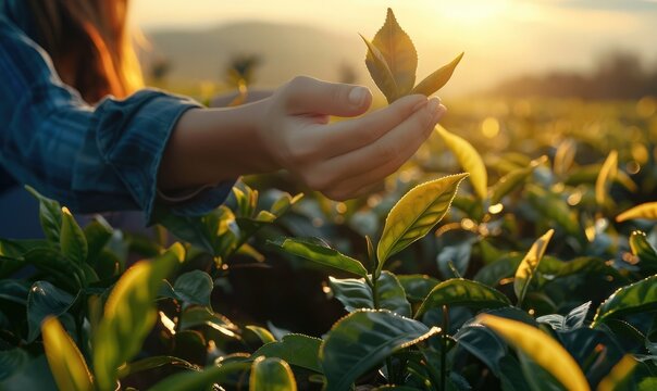 woman's hands picking tea in the morning