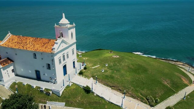 Aerial Footage of Saquarema Church, Saquarema Beach, Saquarema Lagoon, and Saquarema Downtown in Rio de Janeiro, Brazil. 24 fps