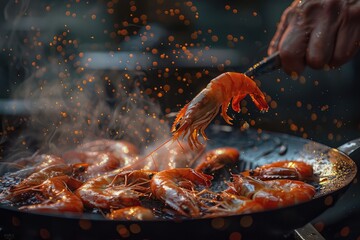 hand is flipping a frying pan full of shrimp - obrazy, fototapety, plakaty