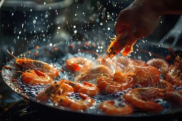 hand is flipping a frying pan full of shrimp - obrazy, fototapety, plakaty