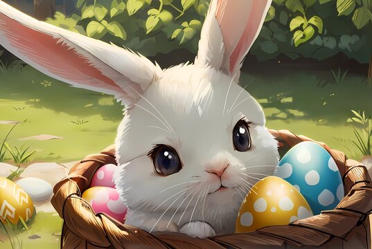 Digital Artwork - cute easter bunny in basket of eggs - prints wallpapers decorations backgrounds pictures downloads paintings gifts posters - generative ai
