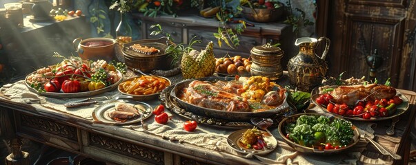 Fototapeta premium food dishes are on a table with vegetables and meat, in the style of youthful energy, vibrant color choices, happycore, mushroomcore, frostpunk