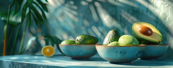 Fresh fruits in bowl on blue surface