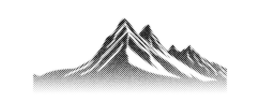 Black halftone mountain range silhouette. Grunge texture landscape terrain. Fading grainy hill chain wallpaper. Vanishing dotted noise mountain peak background. Vector scenery rock illustration