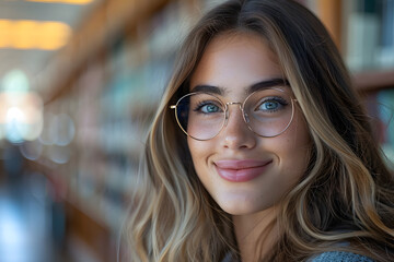  photo of an attractive woman doing homework at the library, glasses, candid photo