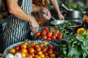 Close-up of hands preparing fresh vegetables, with a focus on vibrant cherry tomatoes and various greens, in a kitchen setting.