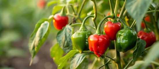 Obraz premium A variety of red and green peppers are growing on a flowering plant. These natural foods are a popular ingredient and produce used in cooking as vegetables.