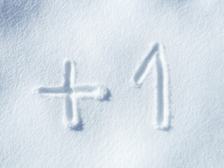 Snow, writing and numbers with addition, plus and font on ice and symbols outdoor in winter. Text,...
