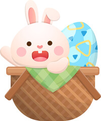 Playful rabbit mascot or character with easter eggs and wicker basket, joyful celebration, vector illustration