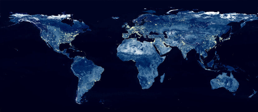Fototapeta World map on night sky. Electric lights map at night. City night lights. View from outer space. Illustration of night world map