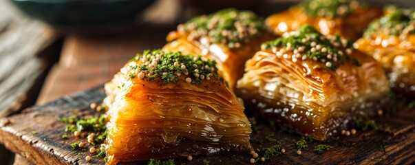 turkish baklava with sugar syrup made of fresh fresh puff pastry as wide banner with copyspace area. Generative AI