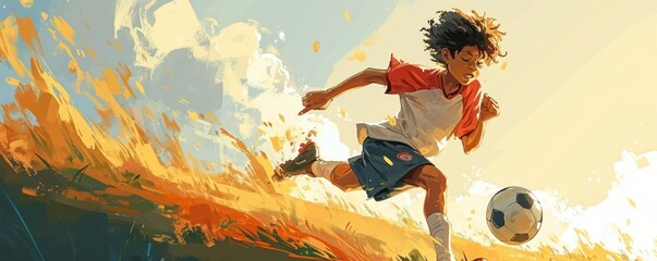football or soccer player boy running fast and kicking a ball while training and playing a match, dynamic active pose of kids and children success in sports championship in cartoon style,Generative AI