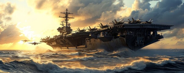 panoramic view of a generic military aircraft carrier ship with fighter jets take off during a special operation at a warzone, Generative AI - obrazy, fototapety, plakaty