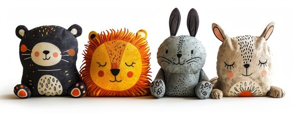 lion bunny, rabbit and sun cartoon drawing animal characters print pattern on plushie pillow or...