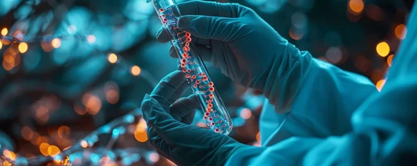 Fotobehang scientist holding medical testing tubes or vials of medical pharmaceutical research with blood cells and virus cure using DNA genome sequencing biotechnology as wide banner, Generative AI © Pooja