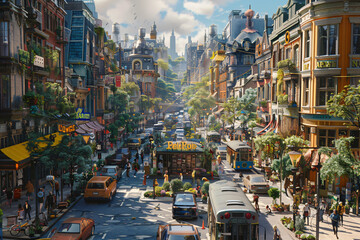 Lush animated city street with eclectic architecture and public transport. Creative cityscape illustration with. Urban diversity concept for wallpaper and print design. Street scene.