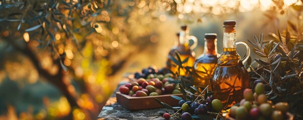 golden olive oil bottles with olives leaves and fruits setup in the middle of rural olive field with morning sunshine as wide banner with copyspace area. Generative AI - obrazy, fototapety, plakaty