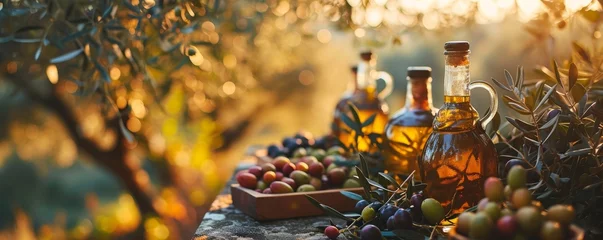 Gordijnen golden olive oil bottles with olives leaves and fruits setup in the middle of rural olive field with morning sunshine as wide banner with copyspace area. Generative AI © Pooja