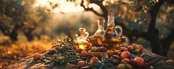 Fototapeten golden olive oil bottles with olives leaves and fruits setup in the middle of rural olive field with morning sunshine as wide banner with copyspace area. Generative AI © Pooja