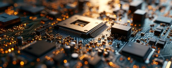 closeup on an advanced microchip or cpu of a powerful computer board with technical details elements as wide banner design with copy space area. Generative AI