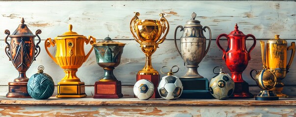 white png background cutouts of cup trophies and soccer football award collection Set in different styles and colors for sport winning achievements and leadership success concepts, Generative AI