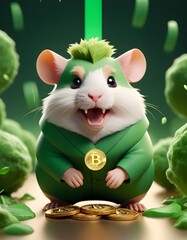 Captured in a spotlight, this hamster investor clutches a Bitcoin, with digital currency symbols raining down around it. Its green suit suggests a merge of nature and finance. AI Generative