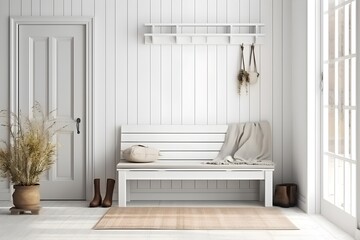 farmhouse's front door. nearby white shiplap wall, a wooden bench. Mockup of an interior - obrazy, fototapety, plakaty