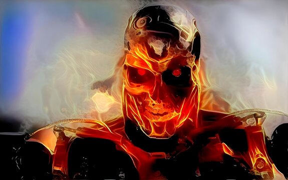 Digital Artwork - terminator robot on fire - prints wallpapers decorations backgrounds pictures downloads paintings gifts posters - generative ai