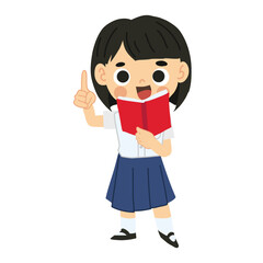 Adorable Thai Little Girl in School Uniform Reading - Kawaii Character
