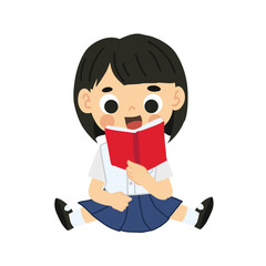 Learning and Study Concept. Adorable Thai Student Cartoon Sitting and Reading Book.