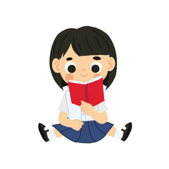 Learning and Study Concept. Adorable Thai Student Cartoon Sitting and Reading Book.