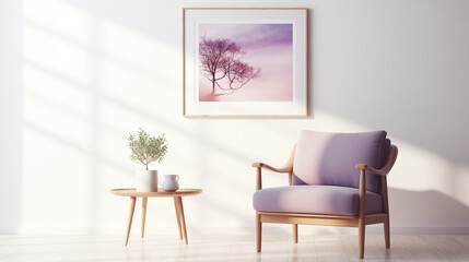 Minimalist Home Interior with Elegant Purple Armchair, Wooden Table and Wall Art