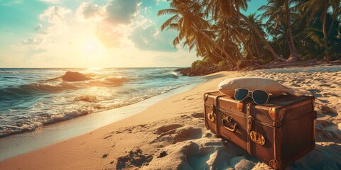 vacation travel time banner, travel suitcase with sunglasses to exotic destination of hotel pillows at tropical palm trees beach, isolated on white background with copy space, Generative AI - obrazy, fototapety, plakaty