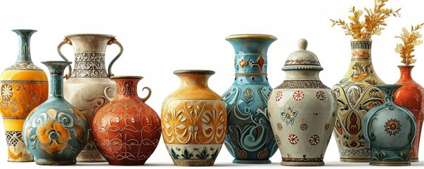 collection Set of different styles of retro vantage and modern vase and interior arabesque vase furniture cutouts isolated on white background. Generative AI - obrazy, fototapety, plakaty