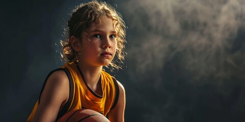 beautiful active basketball player child in jersey uniform holding a basketball ready to play as wide banner with copyspace area for text. Generative AI
