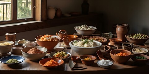 Obraz na płótnie Canvas dining table with various dishes and bowls of rice