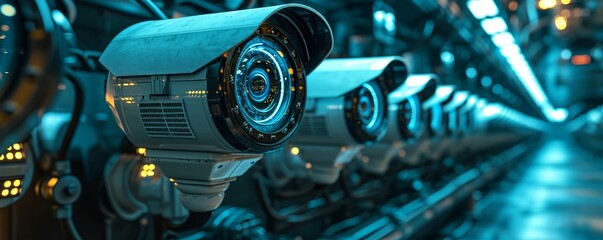 generic professional set of security cameras in white glossy material and hologram glowing details as wide banner with copyspace area. Generative AI