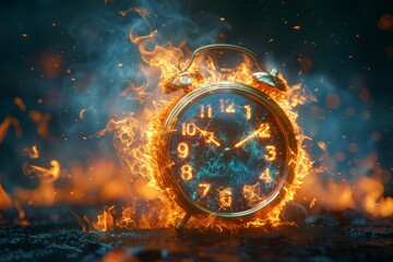Flaming alarm clock at midnight, embers, fiery time concept.