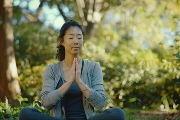 Asian woman practicing meditation in a park
