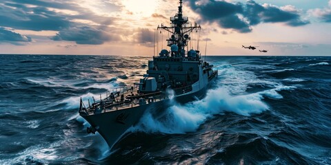 military special forces naval vessel destroyer sailing fast in the middle of the ocean with a chopper in the background, wide poster design with copy space, Generative AI - obrazy, fototapety, plakaty