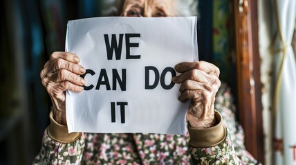 old woman holding white paper with text "WE CAN DO IT". generative ai