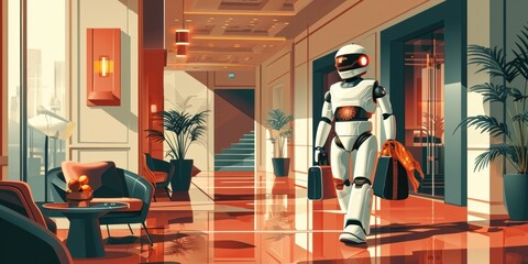 wide banner of robot butler or room service delivering bags to hotel room. Generative AI
