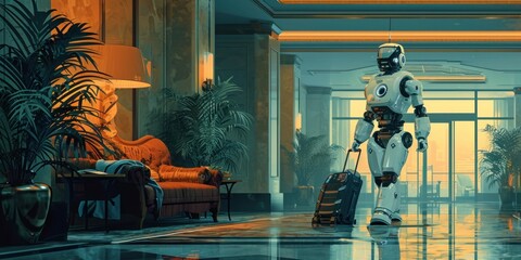 wide banner of robot butler or room service delivering bags to hotel room. Generative AI