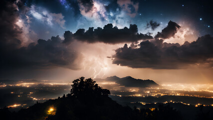Imagine a celestial gathering of clouds in the sky, each representing a different mythical being or creature. Describe the interactions and events taking place among these heavenly entities - obrazy, fototapety, plakaty