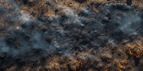 Aerial perspective of forest and field fire aftermath, showing burnt ground and black ash layer, shot from low height with downward view, Generative AI